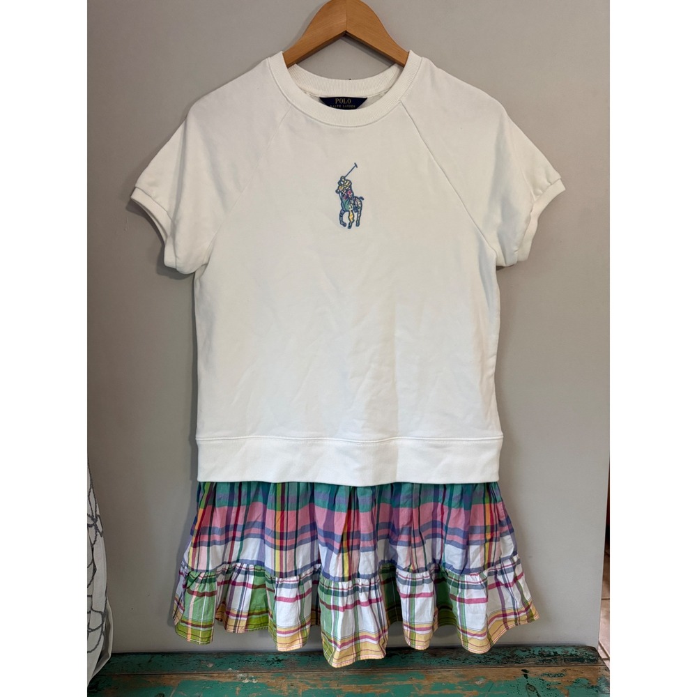 Polo Ralph Lauren Sweatshirt Dress girls kids XL 16 White Plaid Big Pony Preppy